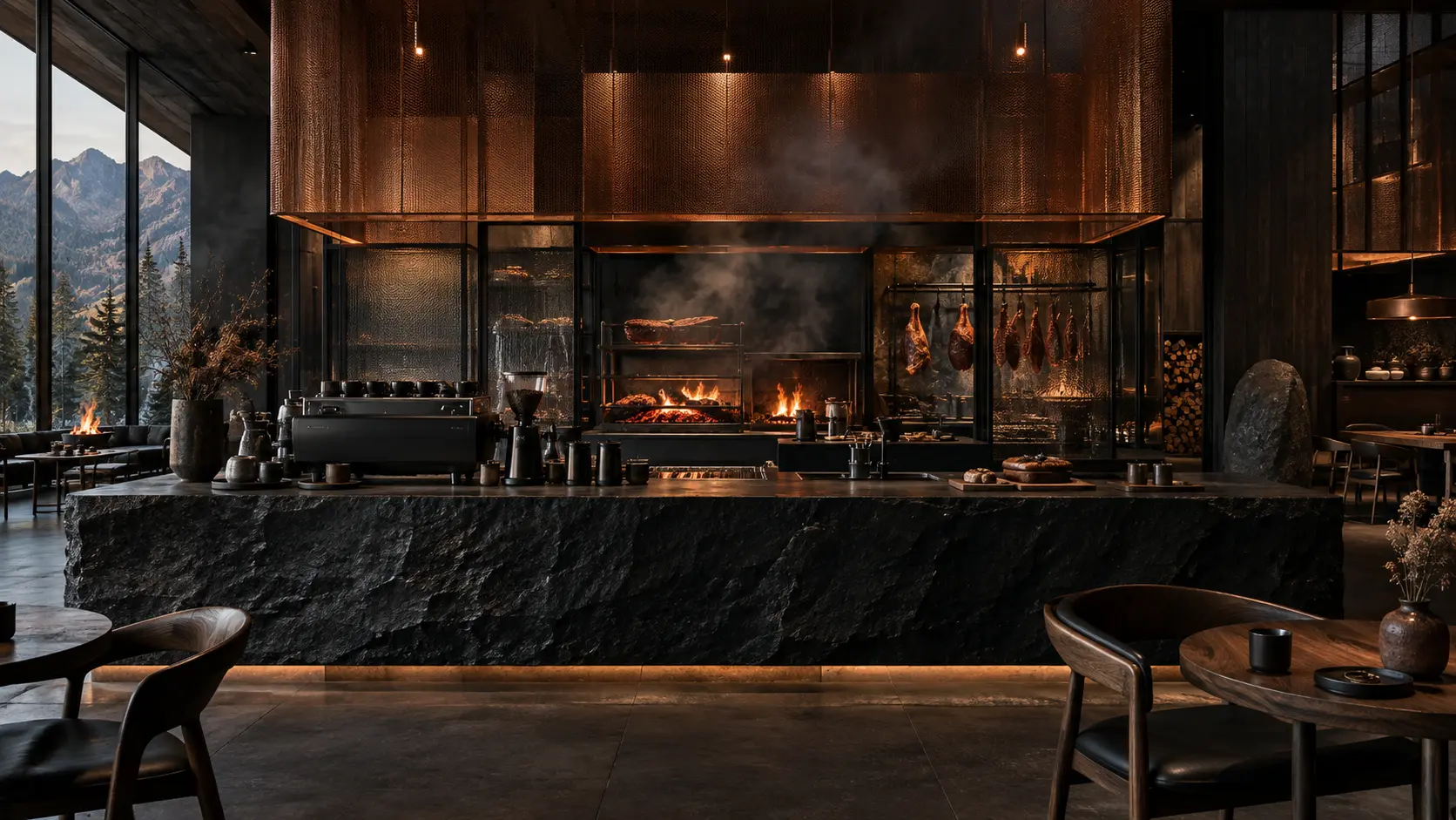 Brisk N Brew's dark stone coffee bar and open fire kitchen
